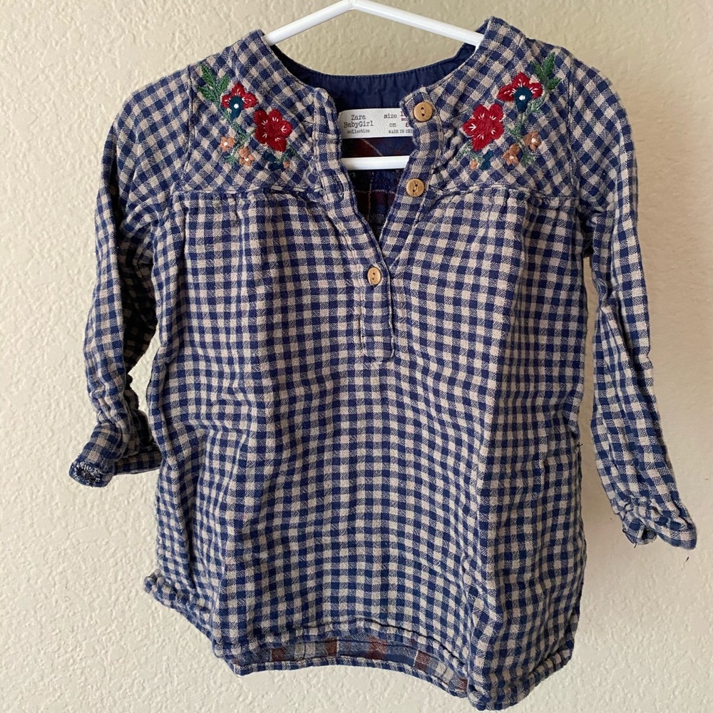 Zara shirt dress plaid w/ floral embroidery 18/24m